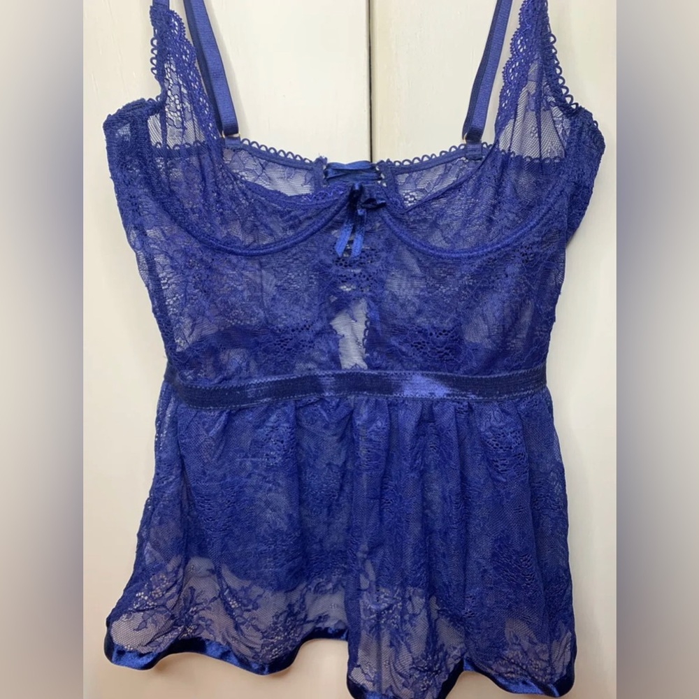 Navy Blue Lingerie Set Baby Doll Lace Tank Matching G-String Thong Women’s Small